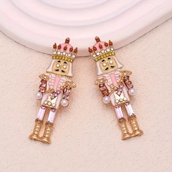 PINK Crystal Nutcracker Earrings Soldier Christmas Pave Stones 210A2 - Picture 4 of 7